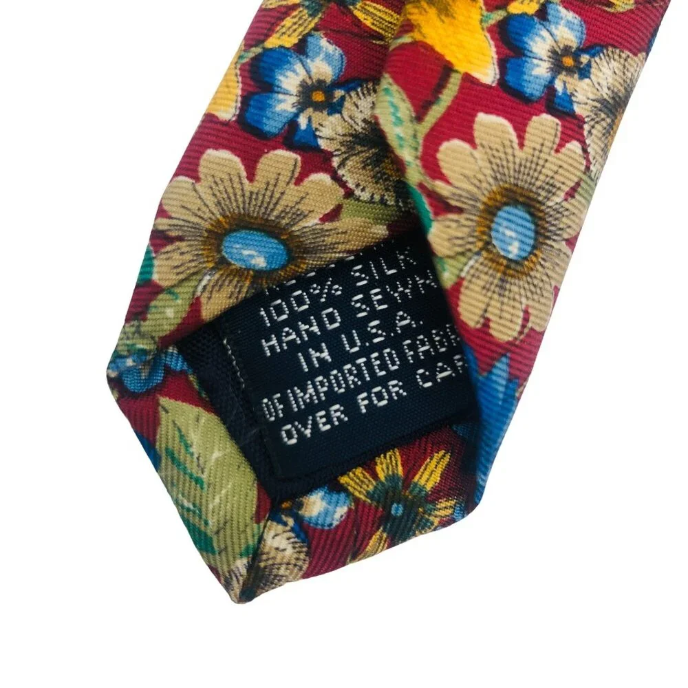 Lands’ End All-Over Floral Botanical Print Silk Necktie Hand Sewn USA Vintage